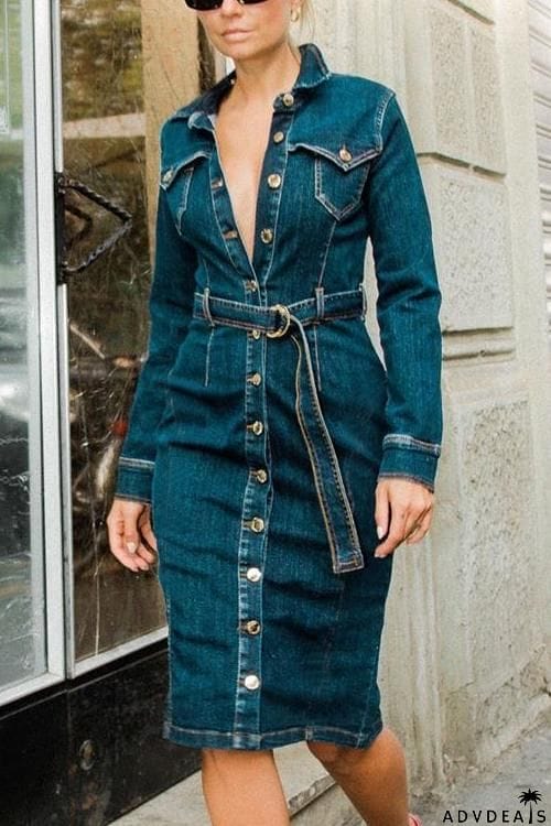 Button Denim Long Sleeve Dress With Belt