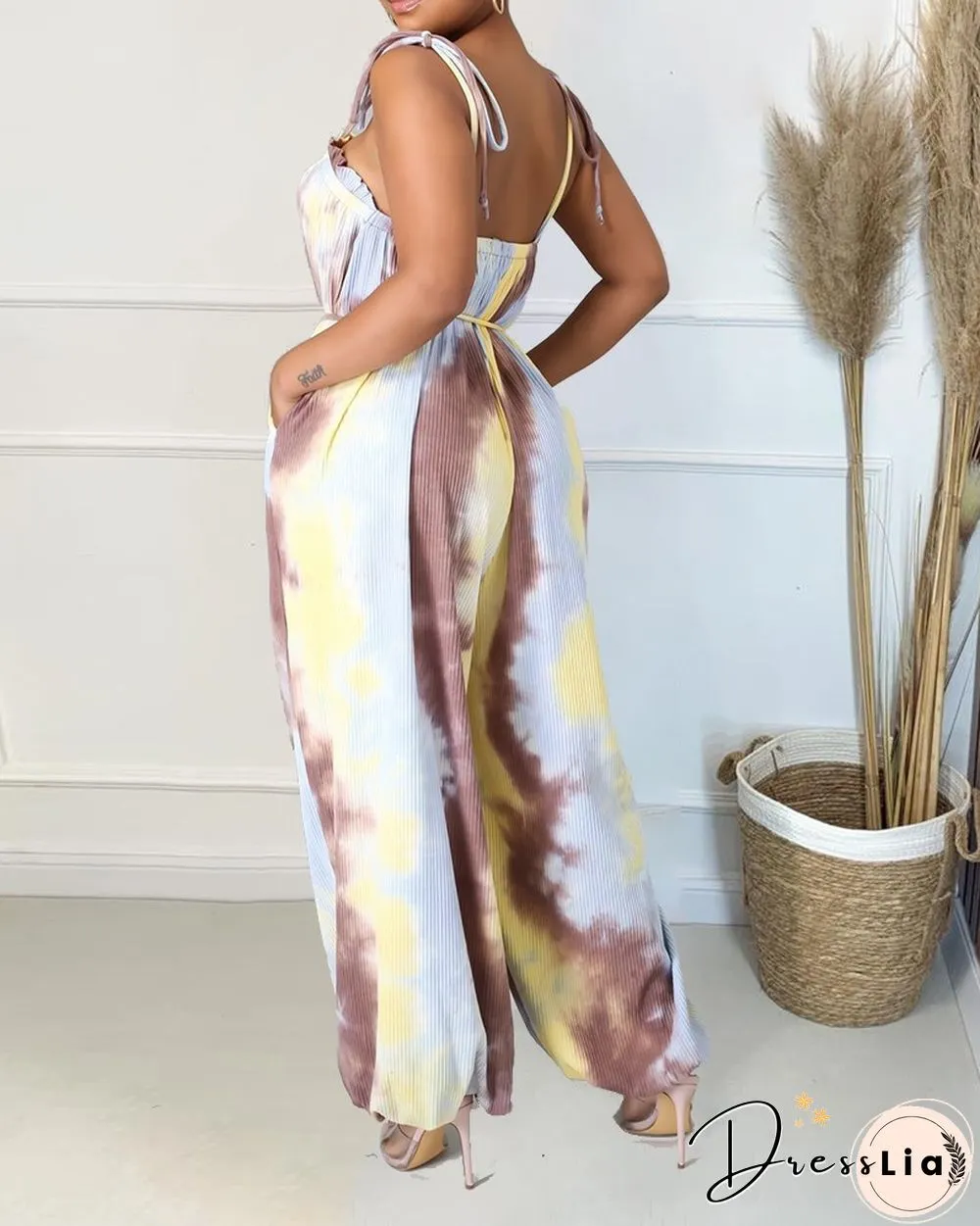 Tie Dye Frill Trim Fringe Belted Cami Jumpsuit