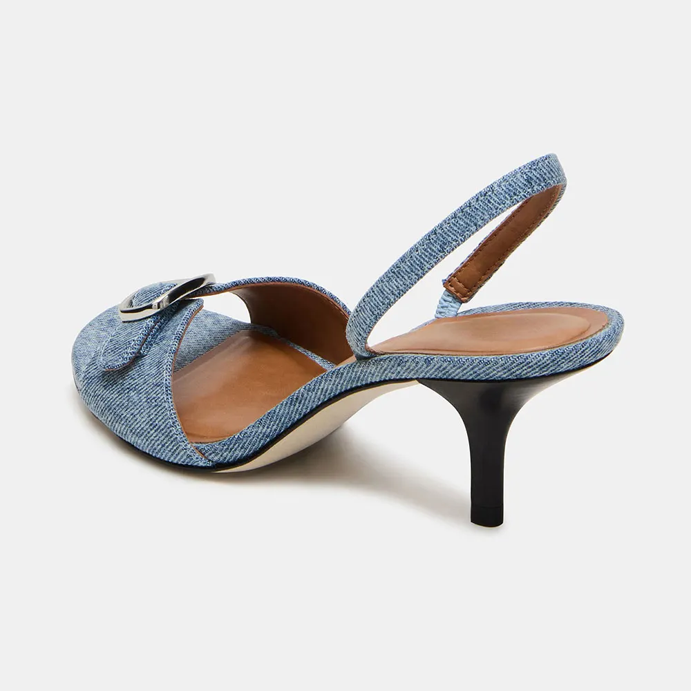 Blue Denim Open Toe Buckle Stiletto Heel Slingback Summer Sandals