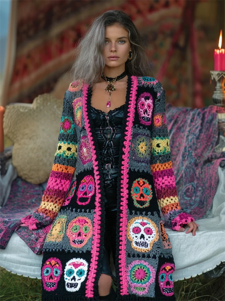 Day Of The Dead Sugar Skulls Floral Colorblock Crochet Cozy Long Cardigan
