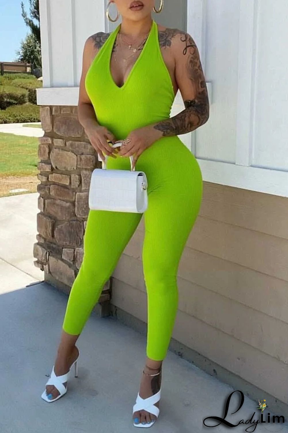 Green Sexy Solid Split Joint Halter Regular Jumpsuits