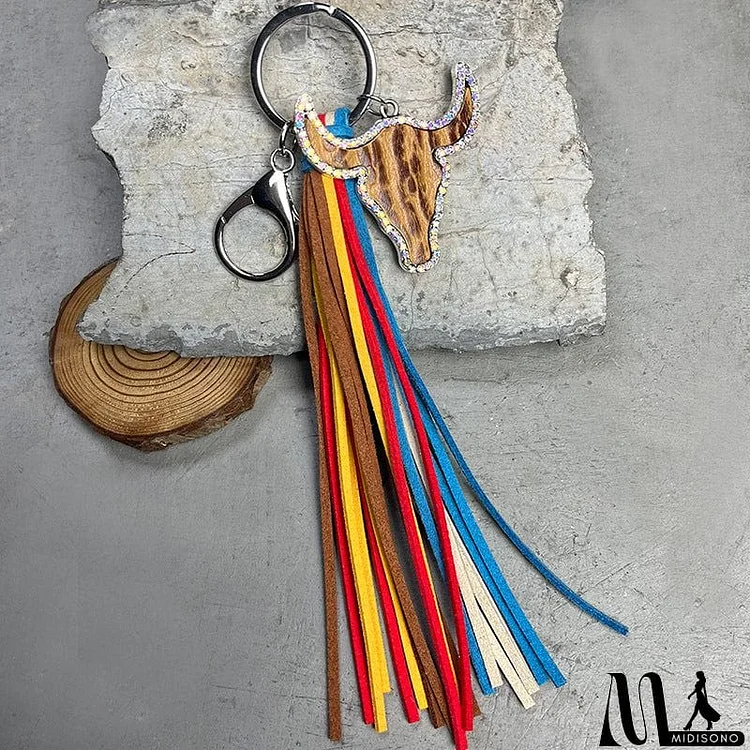 Rhinestone Bull Keychain with Tassel