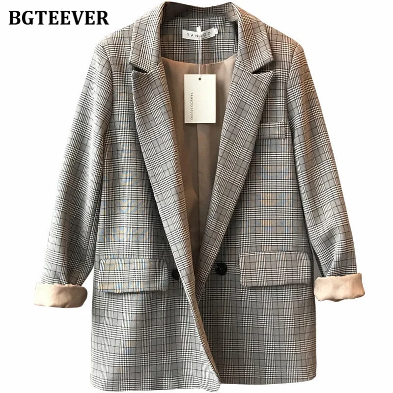 BGTEEVER Vintage Loose Double Breasted Women Plaid Blazer Notched Collar Long Sleeve Female Suit Jacket 2020 Autumn Outwear Tops