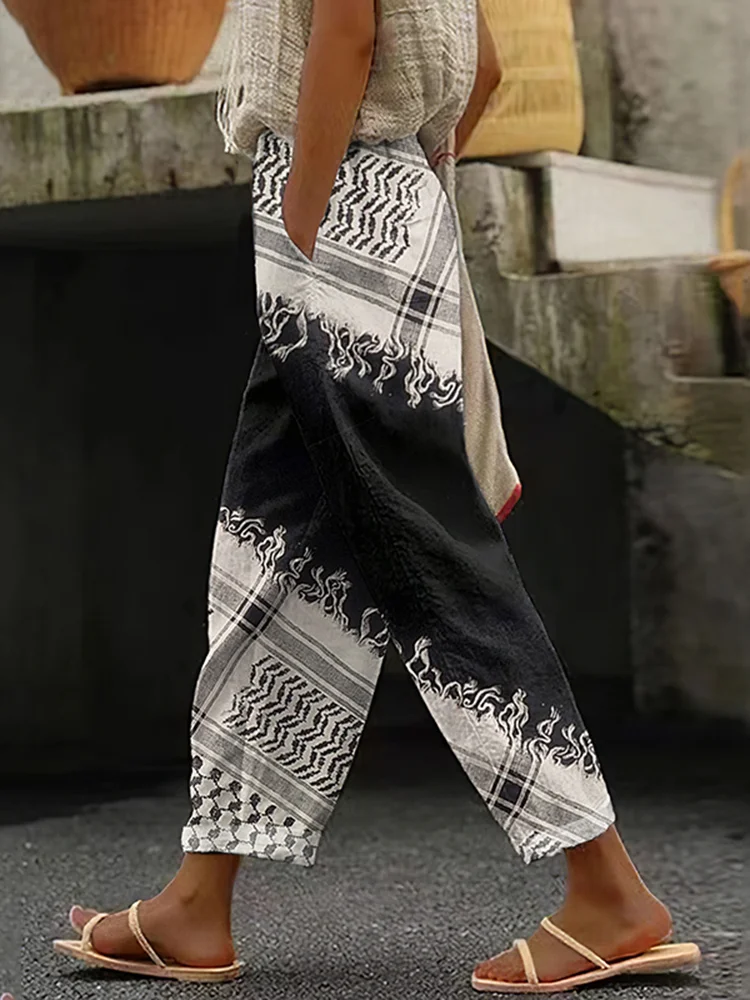 We Will Be Free And Peace Forever Print Linen Blend Casual Pants