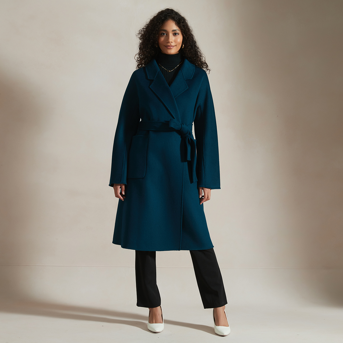 Classic Collection Women's Belted Wrap Wool Coat-Peacock Blue REAL SILK LIFE