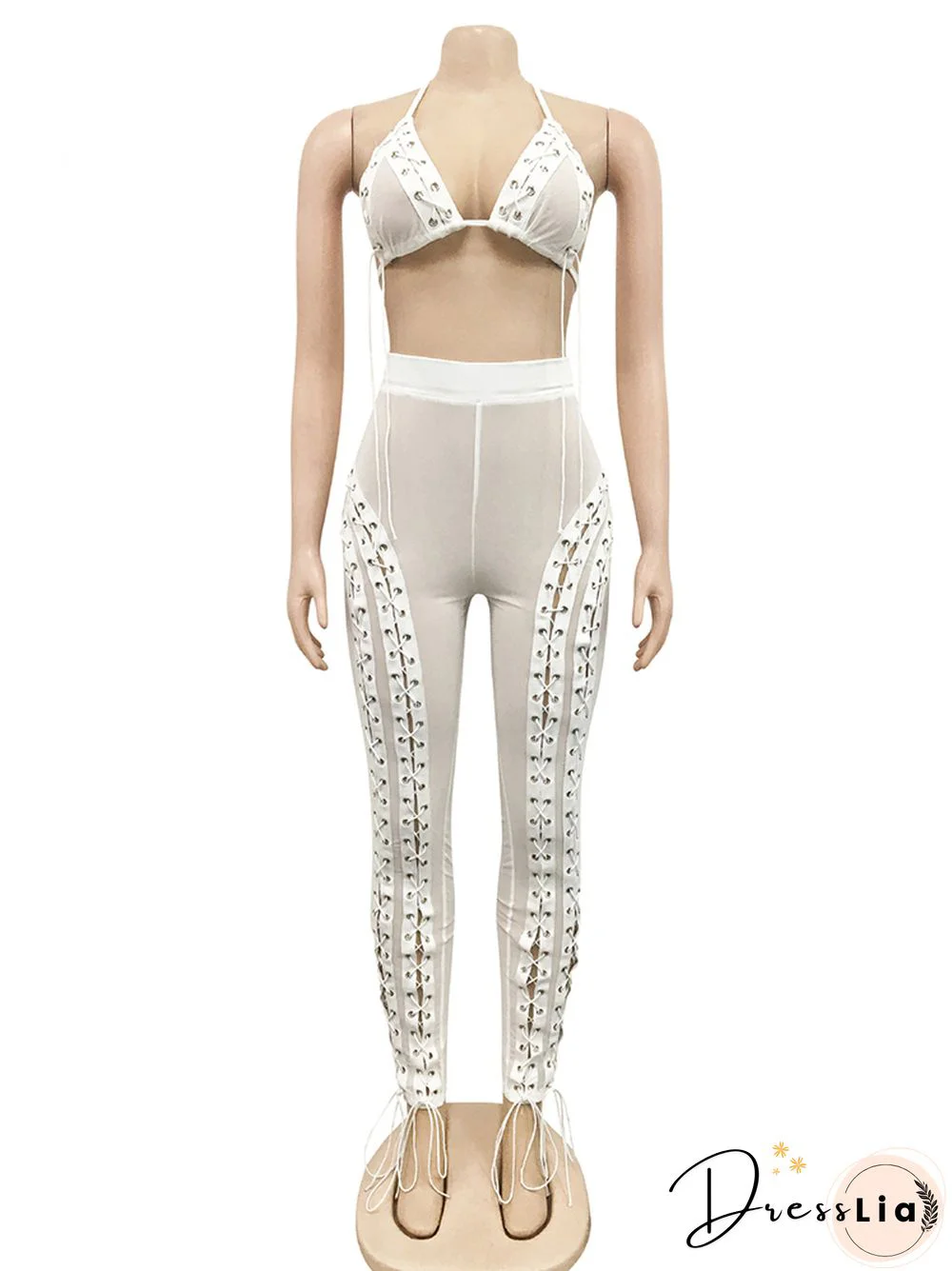 Hollow Out Bandage Mesh See Through Bikini TopsAnd Pencil Pants Two Piece Set Woman Summer Sexy Party Club Outfits