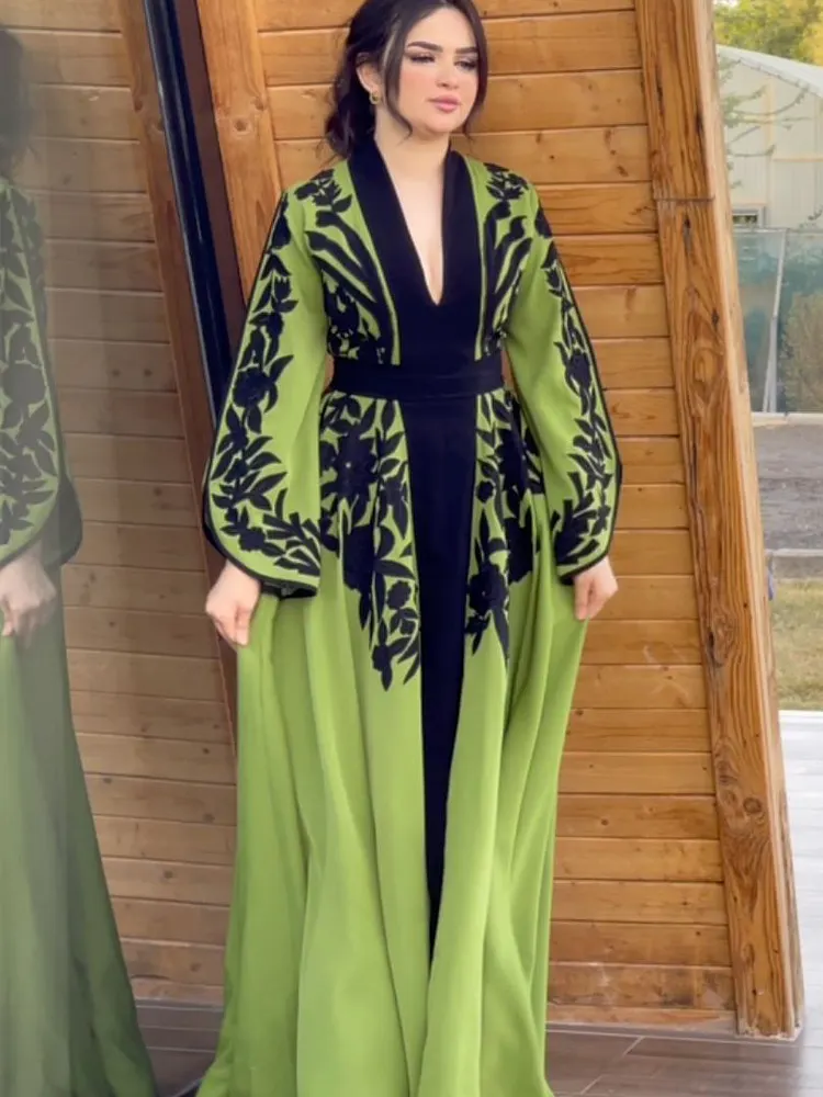 a-line-flared-sleeves-printed-tied-waist-v-neck-maxi-dresses