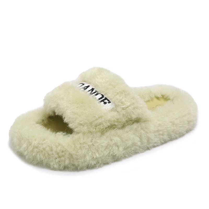 Yyvonne Plush Slippers Women Wear High-Level Spring And Autumn Leisure Home Thick Embroidery A Word Hairy Slippers