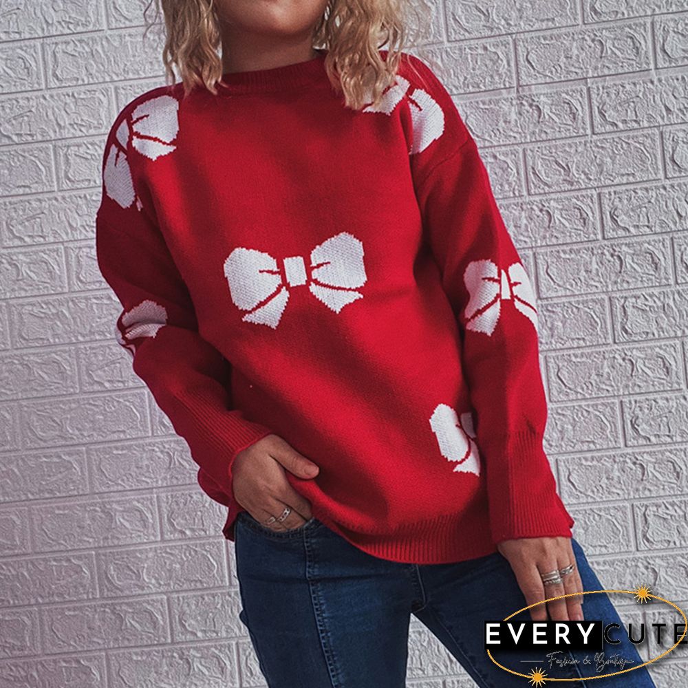 Red Bowknot Print Thicken Christmas Sweater