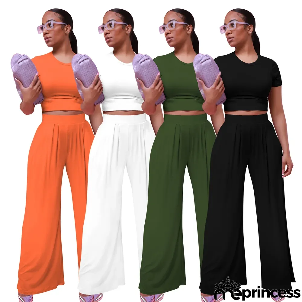Casual Solid Short Sleeve Wide Leg Pant Two Piece Set