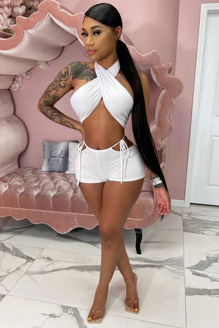 Cross Halter Crop Top Lace Up Cutout Shorts Matching Set