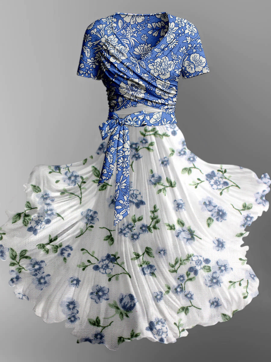 Retro Floral Print V-Neck Short Sleeve Two-Piece Midi Dress