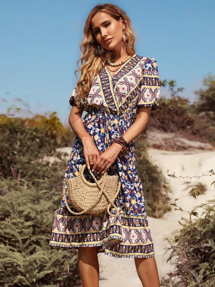 Jangj Boho Dress Women 2022 Summer Dark Blue Short-sleeved V-neck Dress Floral A-line Mid-calf Women Dress Casual Robe Femme