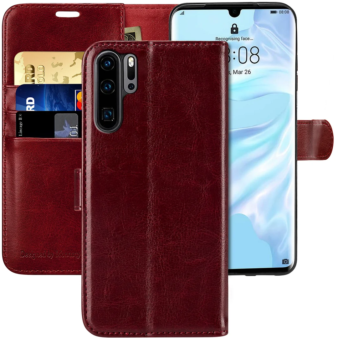 MONASAY HUAWEI P30 Pro Wallet Case, 6.47-inch, Glass Screen Protector Included
