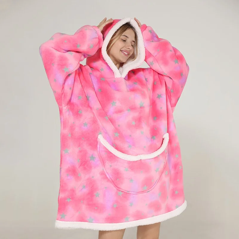 Sherpa Blanket Hoodie Family Oversized Homewear Fleece Warm Thick Girls Sleepwear Cartoon Printed Hoody Sweatshirt TV Blanket