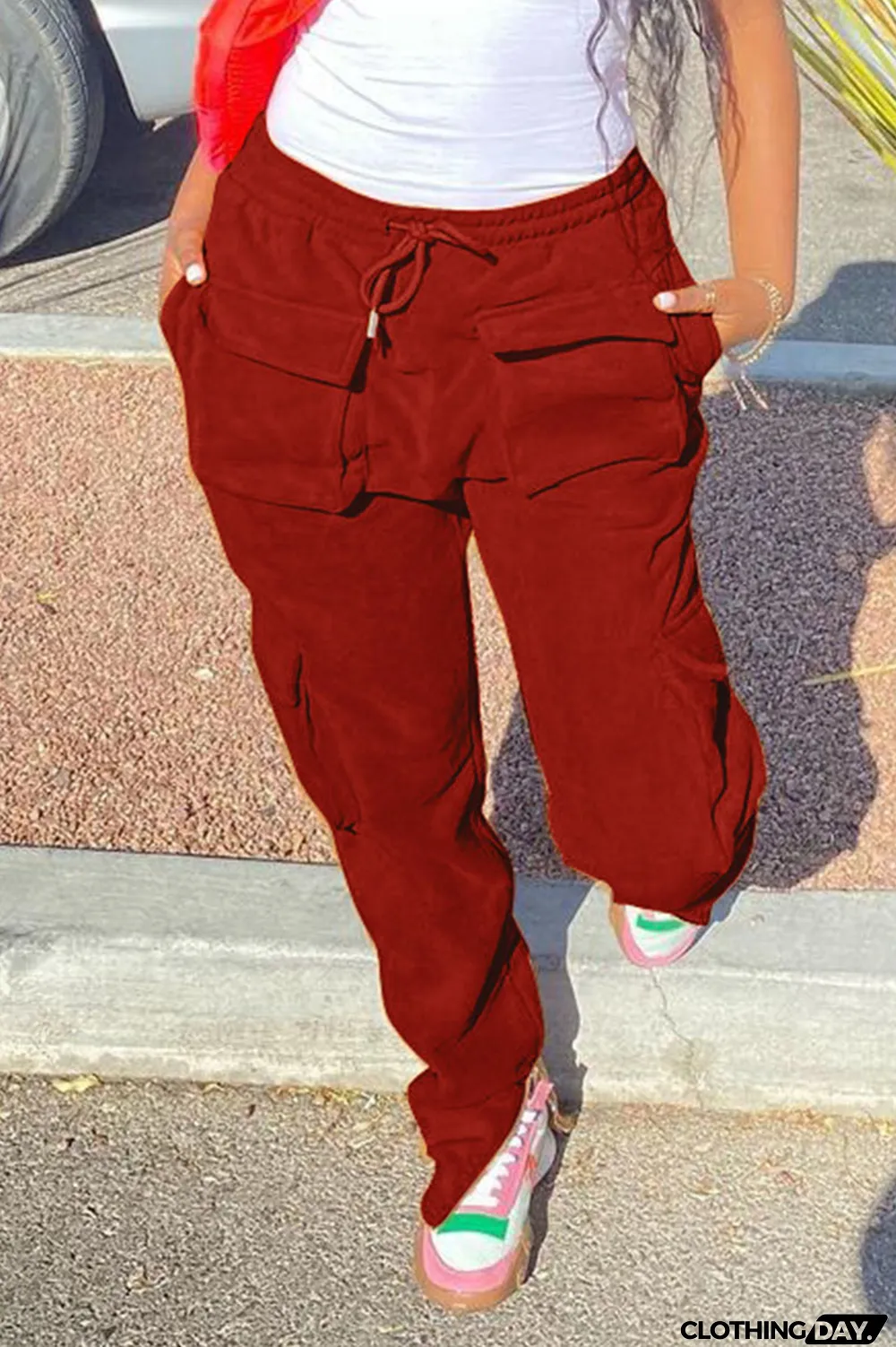 Yellow Street Solid Split Joint Pocket Straight High Waist Straight Patchwork Bottoms