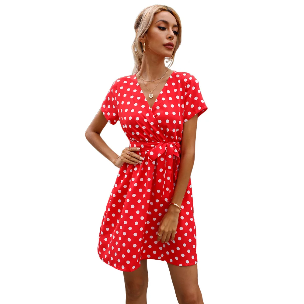 Woherb Women's Wear Station Summer Wave Dot Sexy V-Neck Short-Sleeved Dress-Outfit Ideas