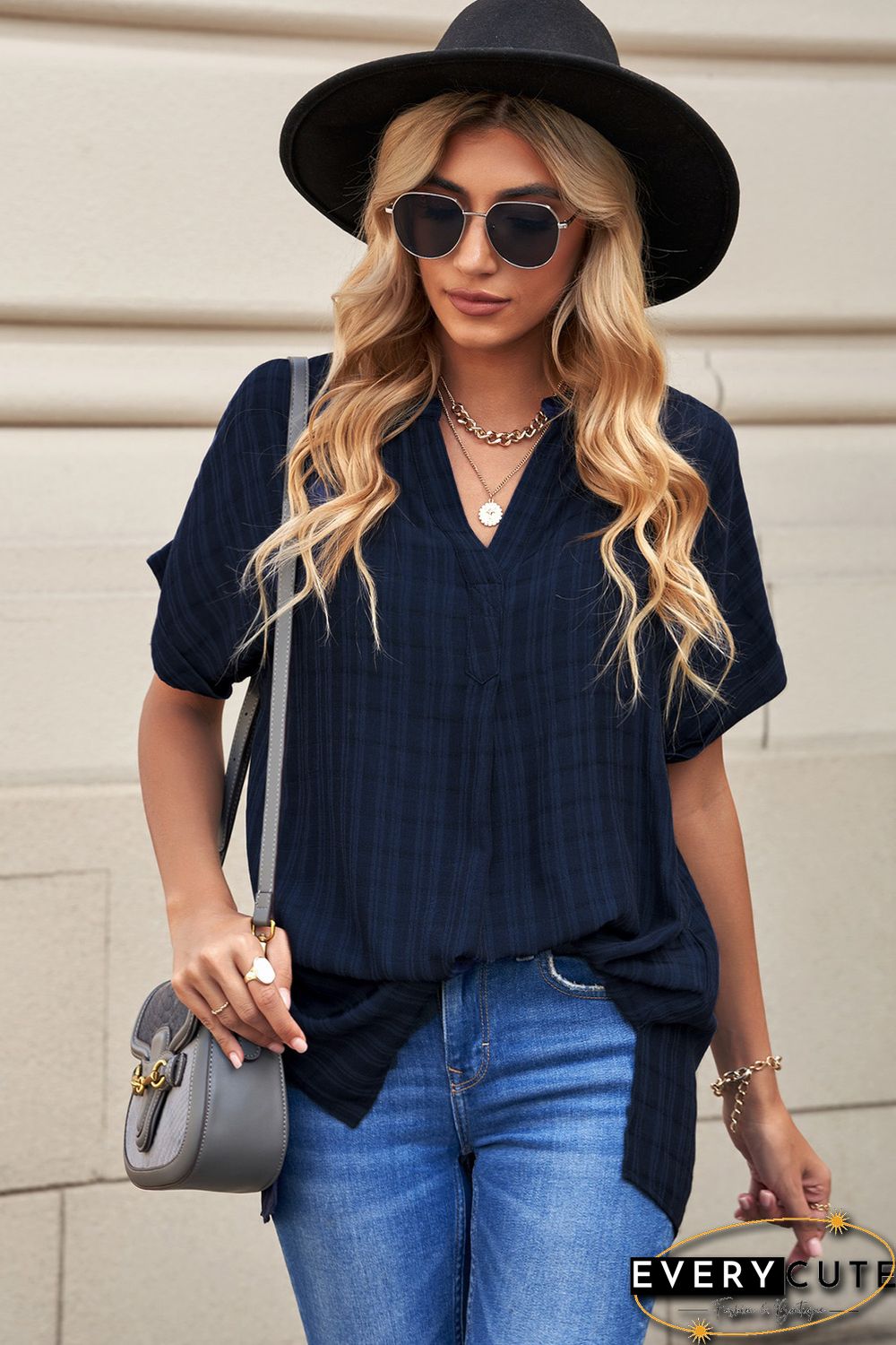 Navy Plaid Print Loose V Neck Short Sleeve Shirt with Slits