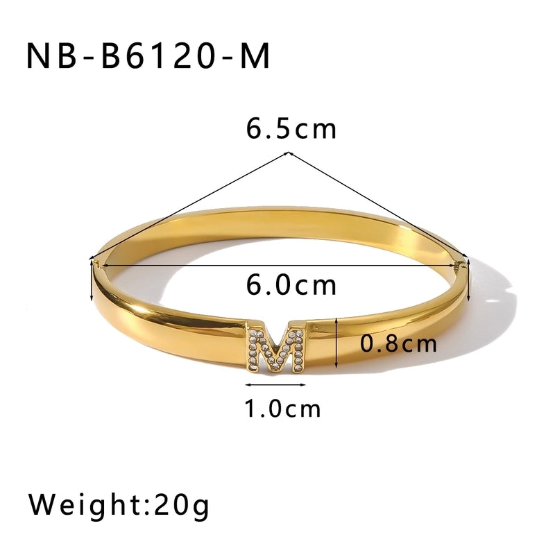 Vintage Style Minimalist Classic Style Letter 304 Stainless Steel 18K Gold Plated Zircon Bangle In Bulk