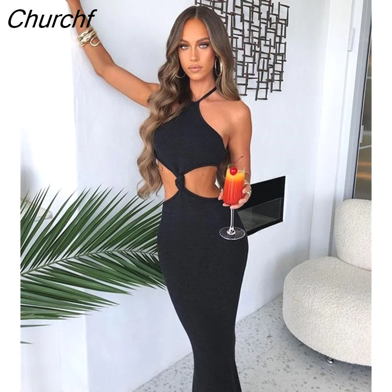 Churchf Halter Knitted Sexy Dress Women Backless 2023 Summer Temperament Elegant Slim Bodycon Dress Midi Long Dresses Vestidos