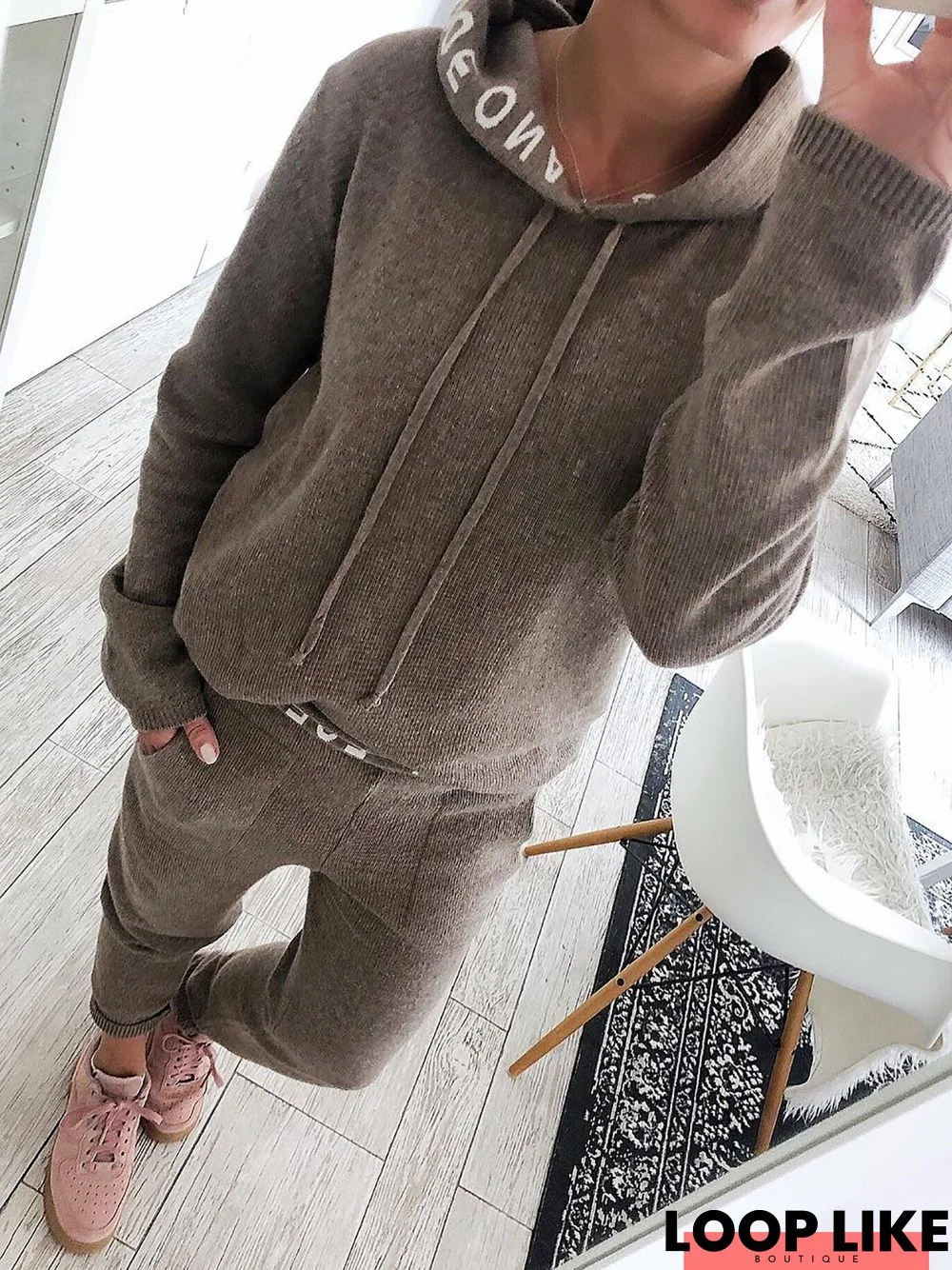 Letter Printed Hoodies Knitted Two Pieces Pants Set Two Piece Set