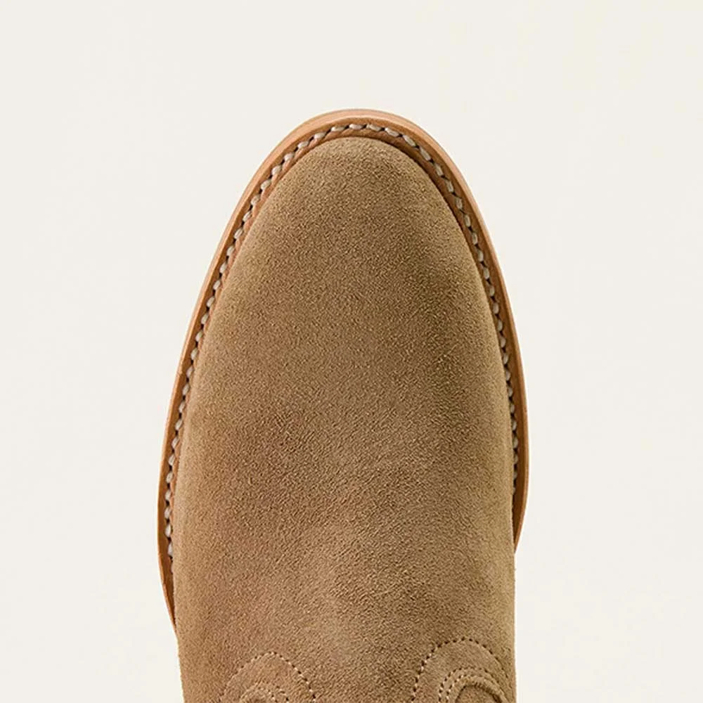 Women's Closed Toe Slip On Low Heel Tan Cowgirl Boots with Mid Calf