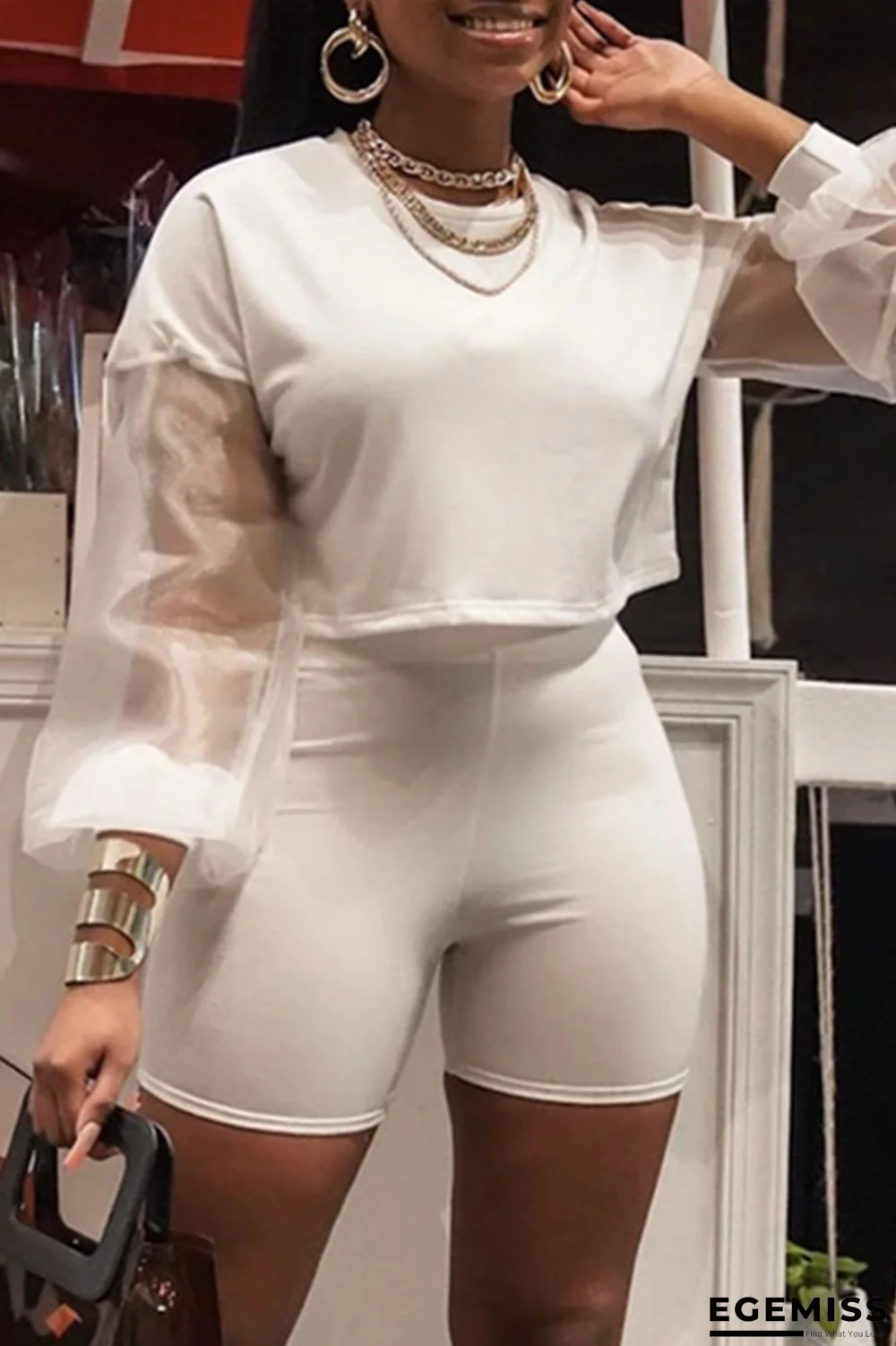 White Fashion Casual Solid Patchwork See-through O Neck Long Sleeve Two Pieces | EGEMISS