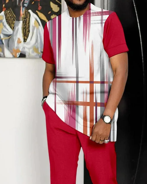 Men's Vertical Stripe Print Short Sleeve Suit 143