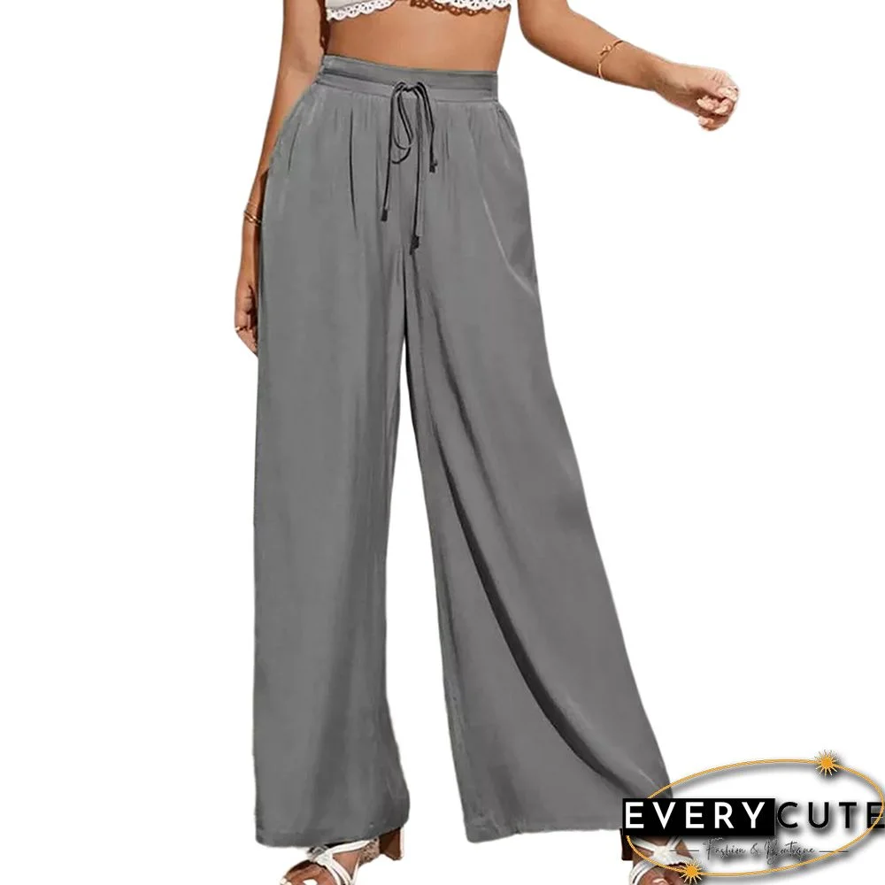 Gray Tie Waist Wide Leg Casual Pants