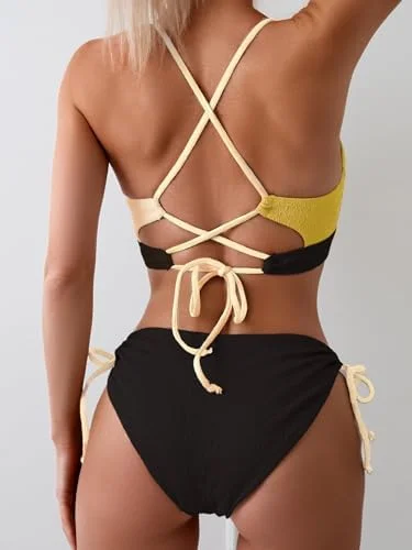 Women's Sexy Bikini Set Color Block Lace Up 2 Piece Bathing Suit Tie Side Swimsuit