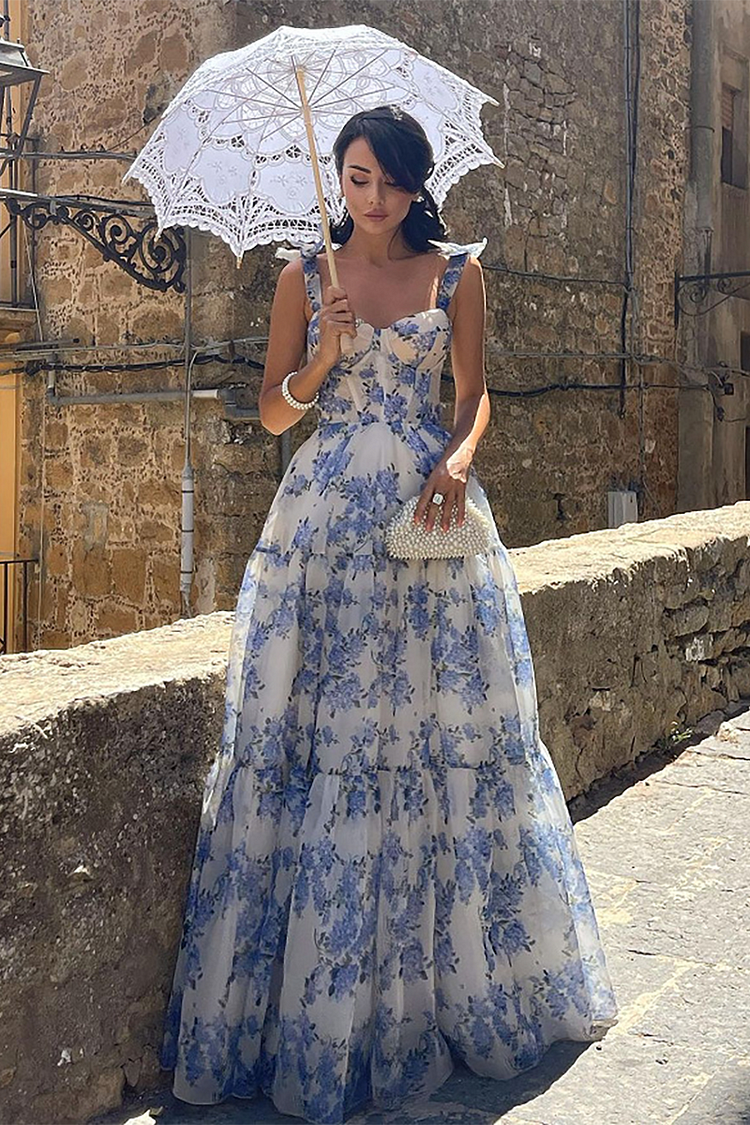 Floral Print Tie Up Cami Cinch Waist Tulle Elegant Gowns Maxi Dresses-Blue