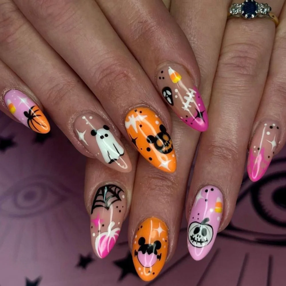 Churchf Churchf Almond Nail Colorful Skull Pumpkin Ghost Halloween Element Fake Nails Finished Wear Armour Festival Beauty