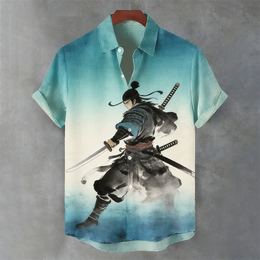 Japanese Samurai Pattern Men's Linen Short Sleeve Shirt  artssus