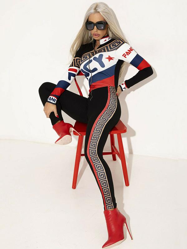 Front Zipper Printed Long Sleeve Jumpsuits