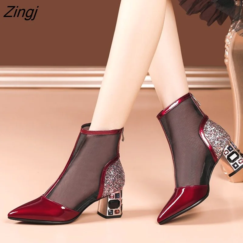 Zingj New Fashion Summer Ankle Boots Women's Shoes Women's Mid Heel High Heels Heel Zipper Boots Cutout Ladies Women's Boots
