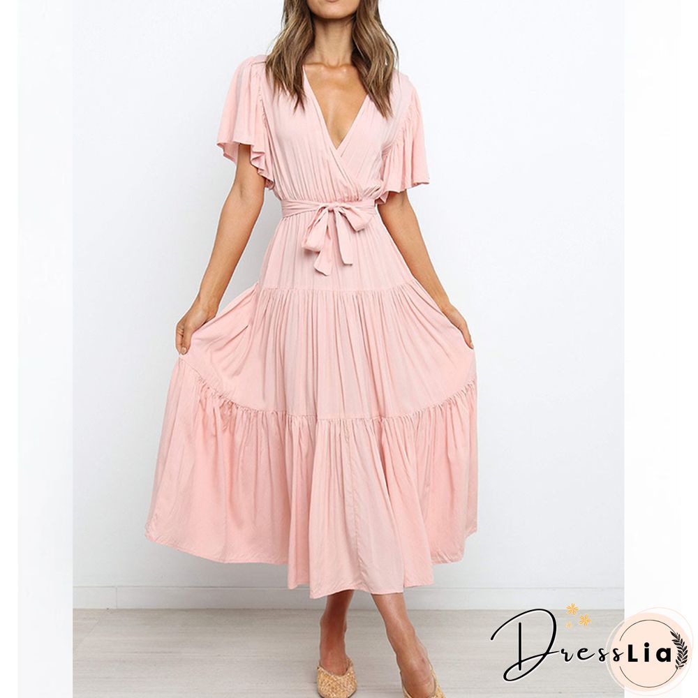 Boho Beach Vacation Summer Women Dresses New Solid V-Neck Short Ruffle Sleeve Lace-up Swing High Waist A-line Long Dress