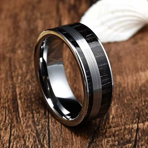 6MM 8MM Women's Or Men's Tungsten Carbide Wedding Matching Rings Black with Silver Tone Stripe and Ebony Wood Wood Inlay Comfort Fit