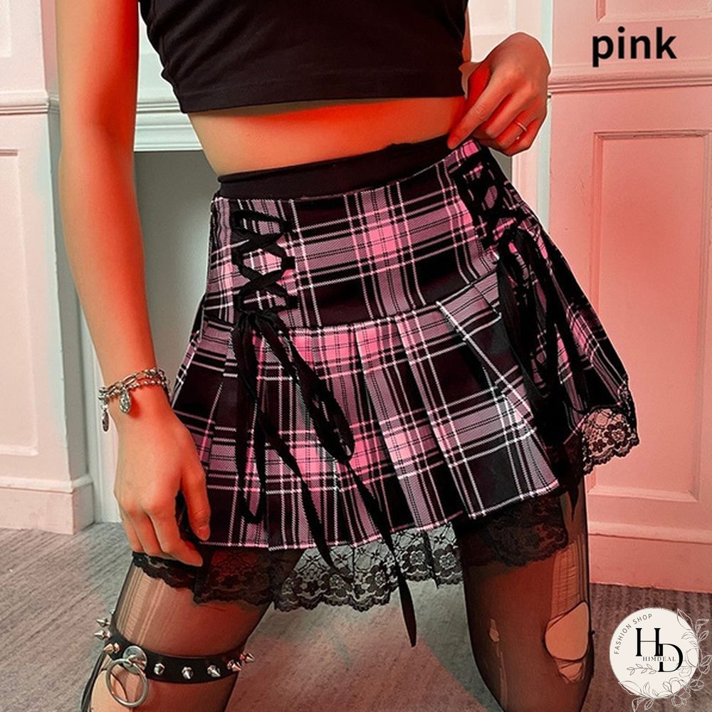 Summer New Lace Gothic Woman Skirts Pink Stripe Plaid Trim Pleated Skirt Punk Dark