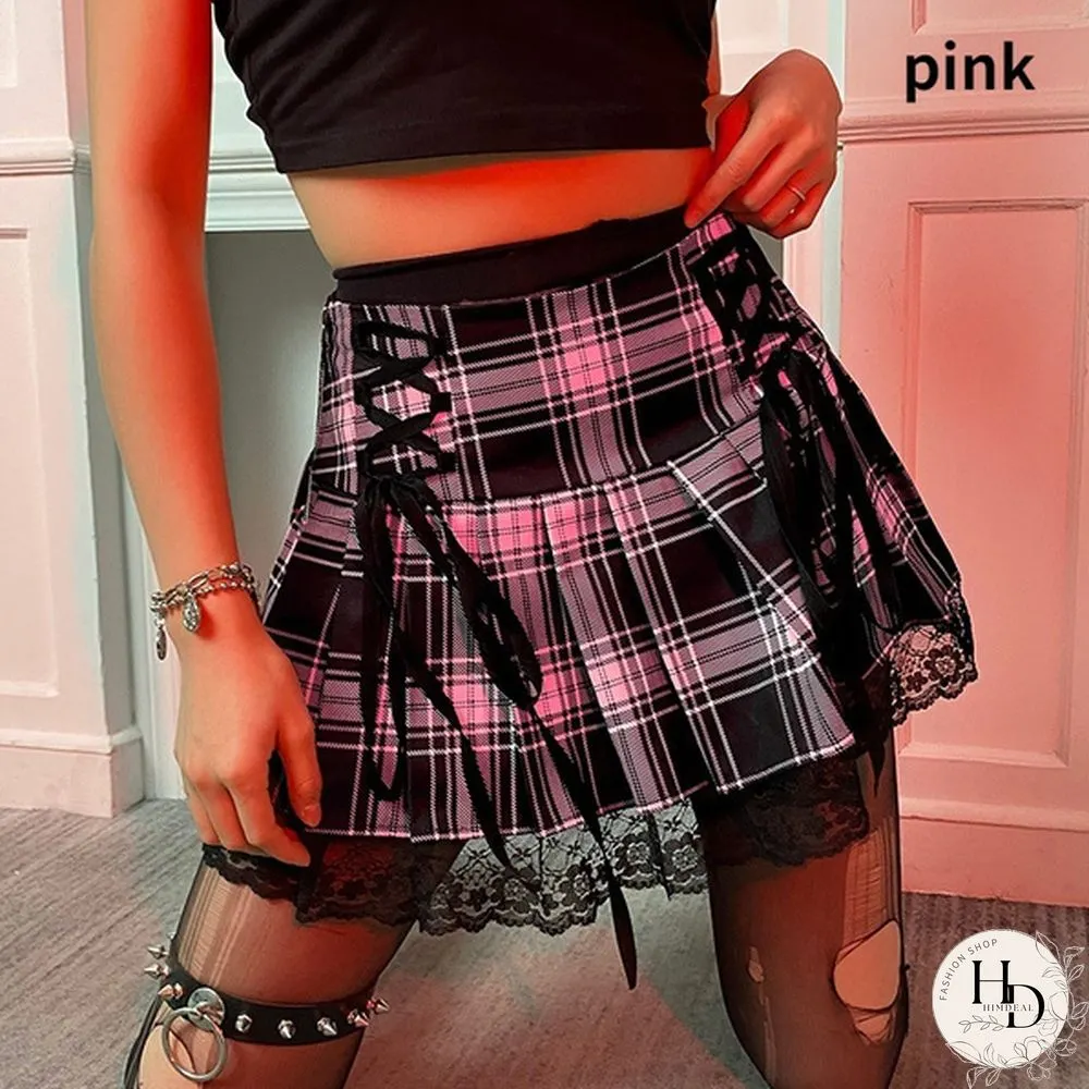 Summer New Lace Gothic Woman Skirts Pink Stripe Plaid Trim Pleated Skirt Punk Dark
