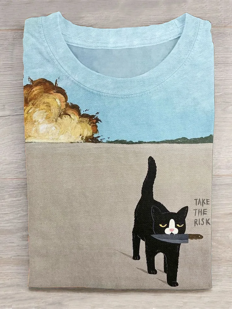 Funny Cat Story Illustrations Print T-Shirt