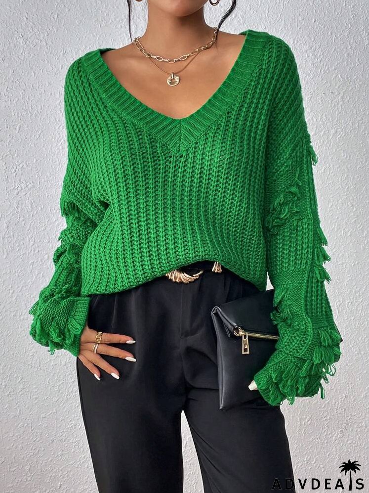 Fringe Trim Drop Shoulder Sweater