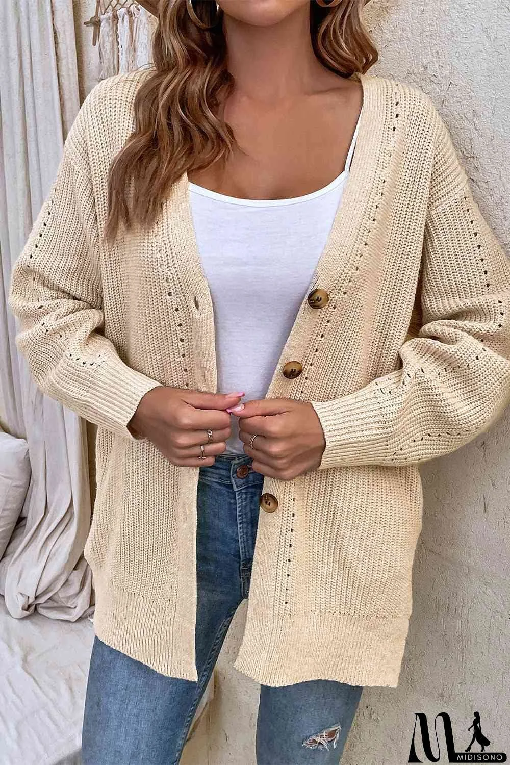 MidiSono - V-Neck Openwork Long Sleeve Cardigan