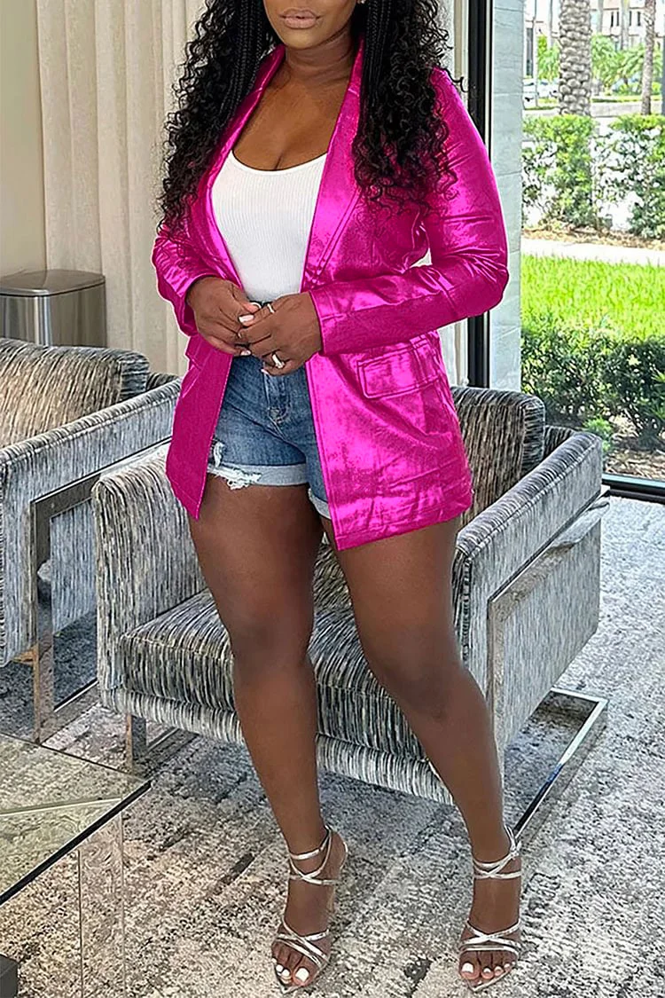 Plus Size Outerwear Blazer Casual Silver Metallic Lapel Long Sleeve 2024 - Xpluswear