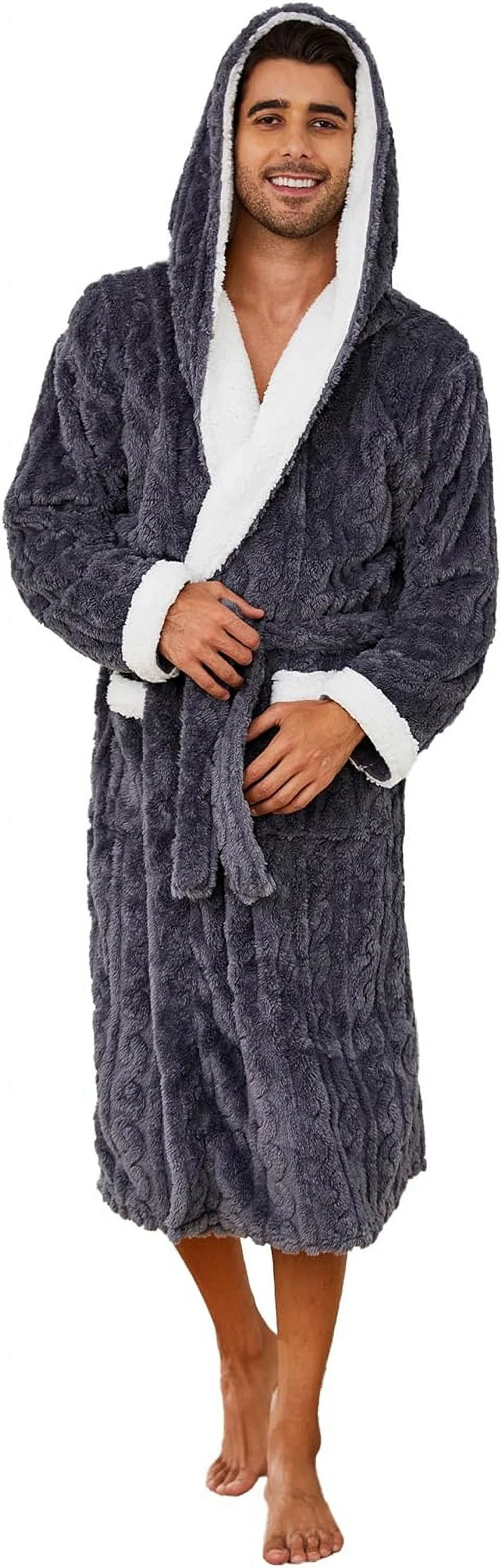 Vulcanodon Mens Robe with Hood,Full Length Plush Robe for Men Contrast Thick Fleece Bathrobe (Dark Grey, Large-X-Large)