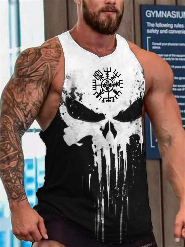 Wearshes Men's Viking Vegvisir Skull Contrast Color Tank Top