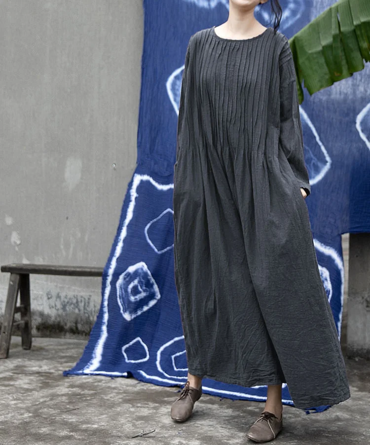 Simple Cotton Linen Pleated Round Neck Long Sleeve Maxi Dress - yankia