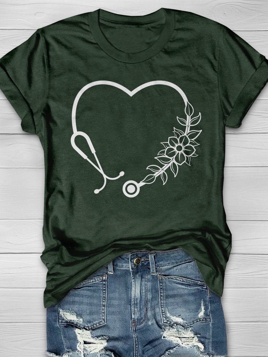 Nurse Stethoscope Flower Print Short Sleeve T-shirt