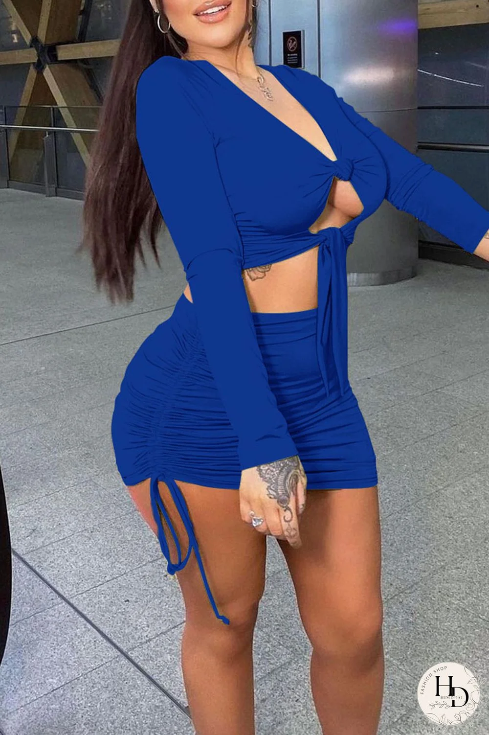 Black Sexy Solid Hollowed Out Split Joint Draw String Fold Knotted V Neck Long Sleeve Two Pieces