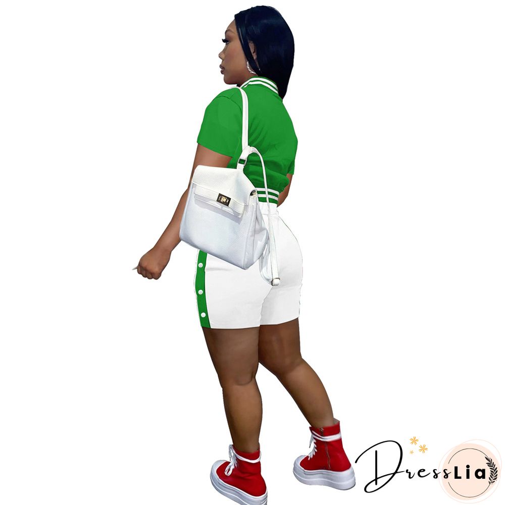 Short Sleeve Button Baseball Jacket and Shorts Set