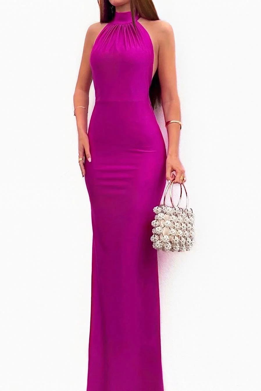 Miabel Simple Fuchsia Satin Halter Slim Sleeveless Long Prom Dress with Pleated 